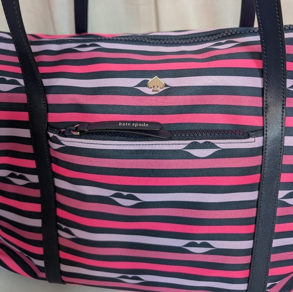 Kate Spade Jae Nylon Pink Striped Patrice Lip Weekender Duffel Bag Like New - Picture 3 of 13